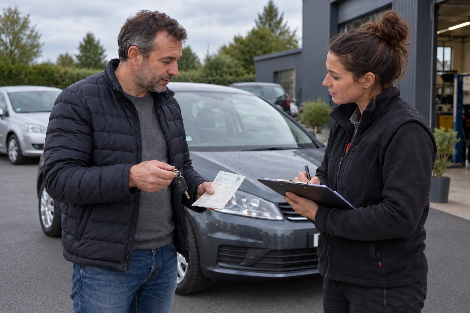 Une conseillère échange avec un propriétaire près de sa voiture