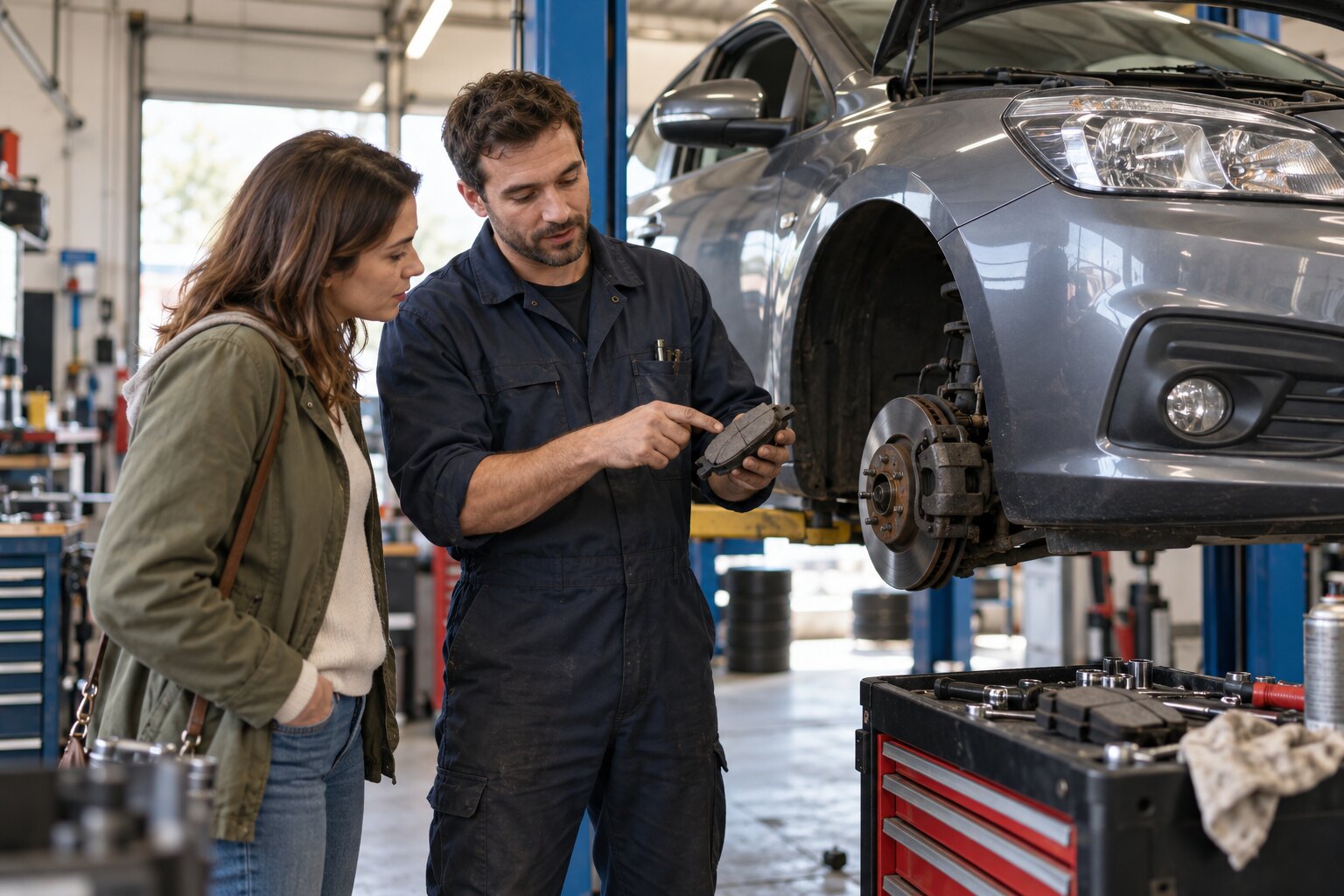 Une cliente échange avec un mécanicien dans un atelier automobile