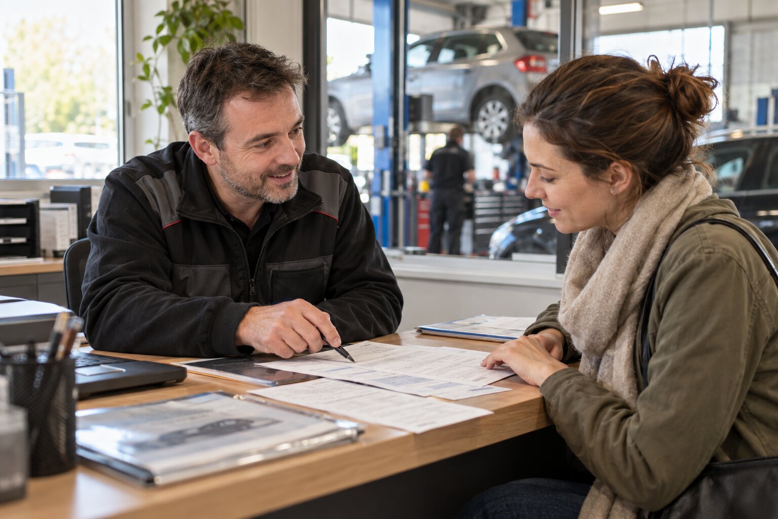 Une femme explique les documents d’immatriculation à une cliente, photo illustrative