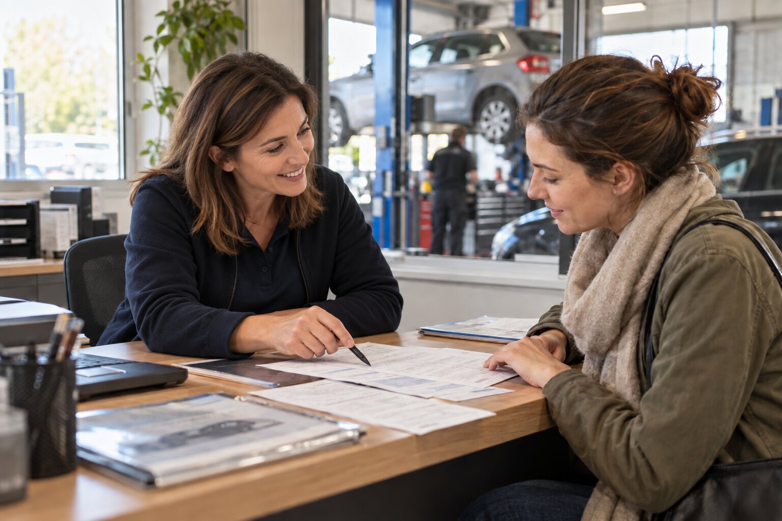 Une conseillère accompagne une cliente dans ses documents au garage, photo illustrative